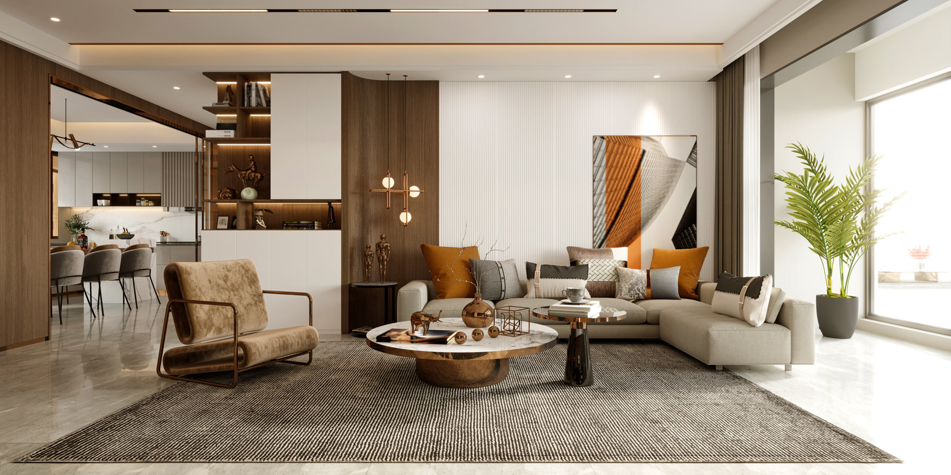 Rendu 3D d'un salon luxueux avec décoration moderne.