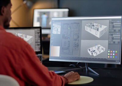 Architecte travaillant sur des plans de bâtiment sur deux écrans en bureau.